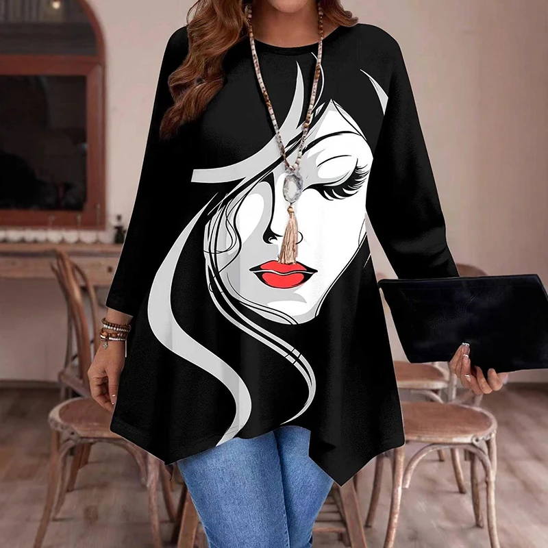 

Spring Autumn Fashion Women's Printed Tops Versatile Casual O Neck Long Sleeved Pullover Asymmetrical Loose Comfortable Top