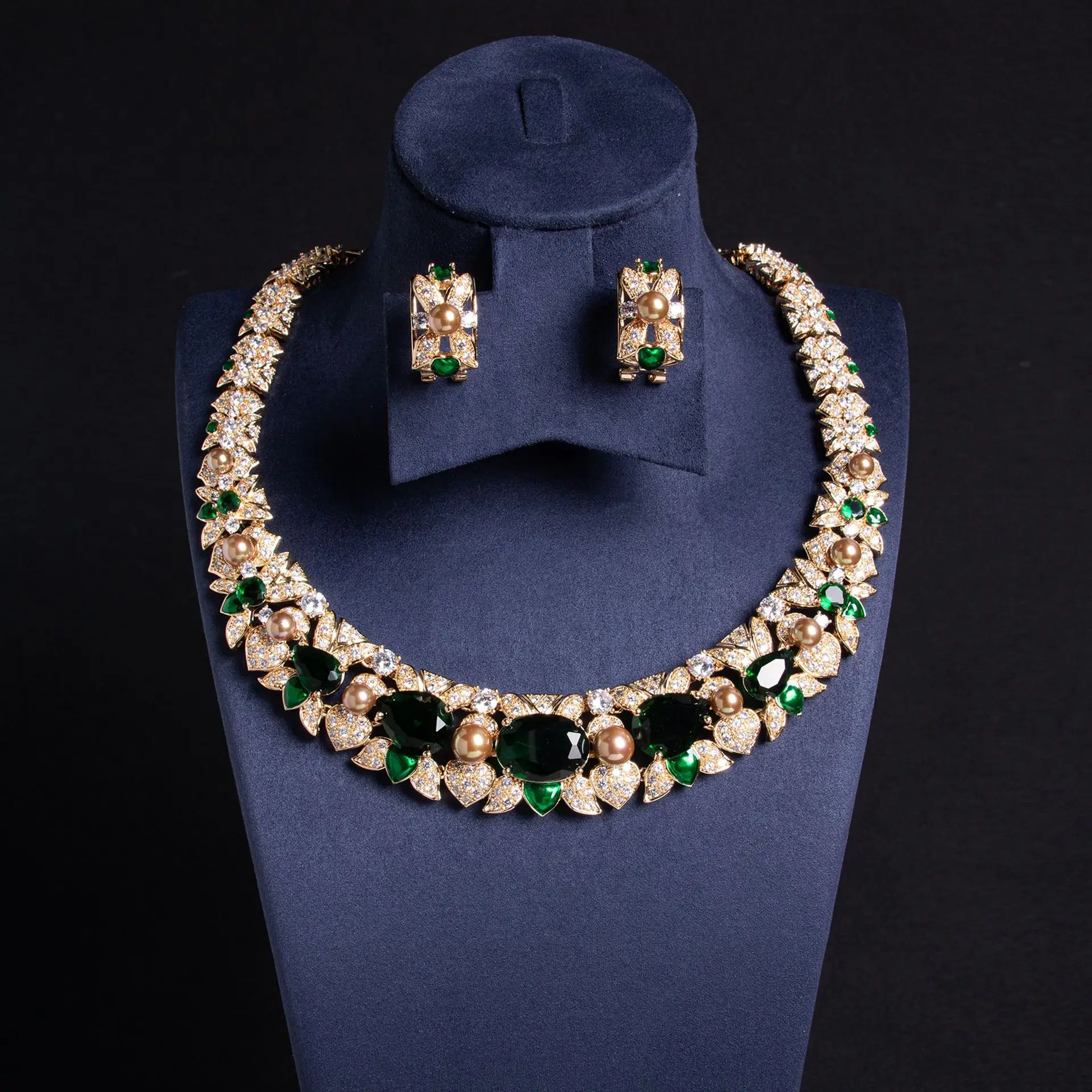 Hip Hop Colourful Zirconia Pearls Necklace Earrings Jewellery Set Women Bridal Wedding Party With Dress Accessories M-279
