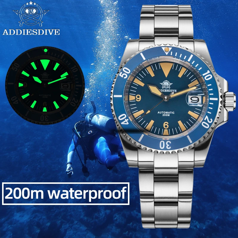 ADDIESDIVE  Automatic Mechanical Watch 316L Stainless Steel Ceramic Bezel Sapphire Crystal 20Bar Diver C3 Luminous Watch For Men