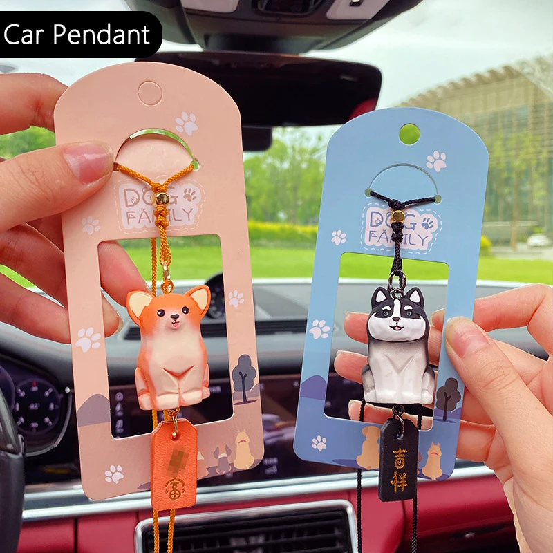 Original Wood Carving Style Resin Husky Schnauzer Dog Car Rearview Mirror Pendant Adjustable Knots Car Accessories Pendant Gifts