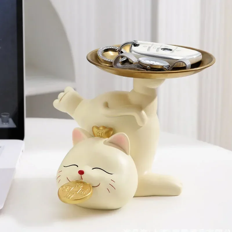 Resin Lucky Cat Tray Statue Interior Empty Storage Key Storage Decorative Accessories Home Living Room Entrance Articles Gift