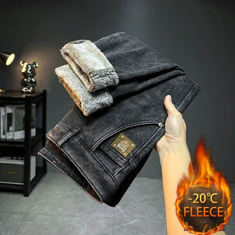 الخريف الشتاء الرجال الملابس أفخم رشاقته الصوف بنطلون امبسوول الجينز الحراري جينز غير رسمي يندبروف الدافئة القطن الدنيم السراويل #4