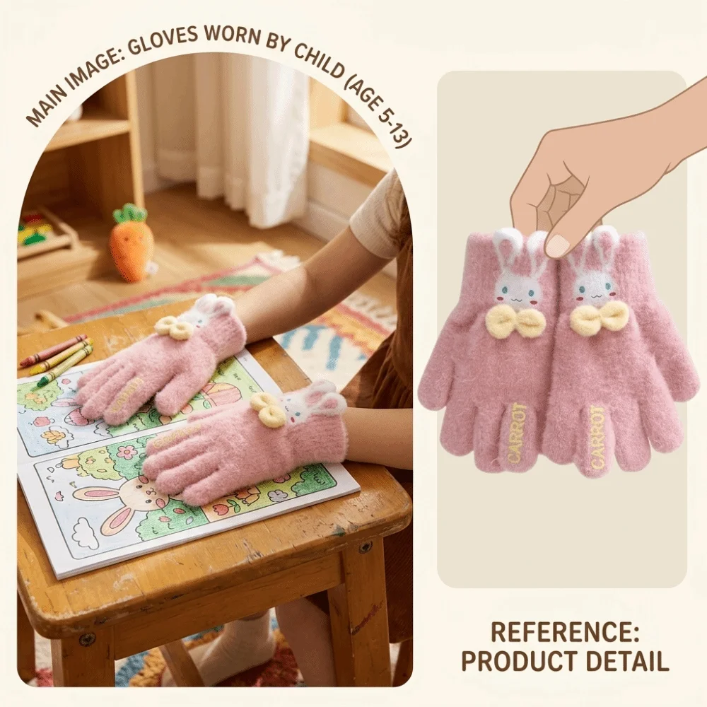 Faux Alpaca Wool Rabbit Bow Knitted Gloves Writing Comfort Fit Warm Lining Full Finger Gloves Stretchy Kids Writing Gloves