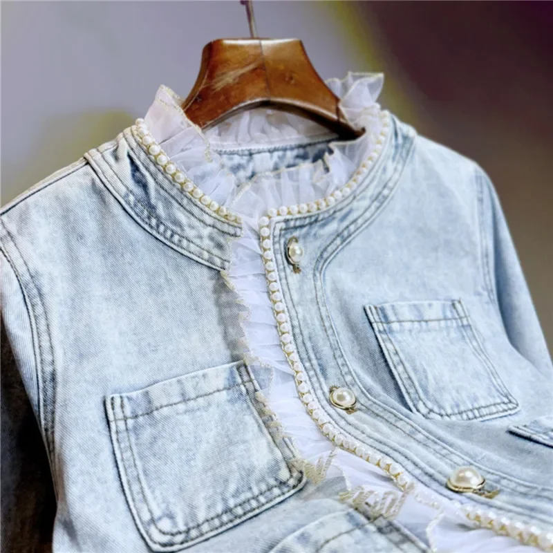 

Fashion Multi-pocket Lace Patchwork Denim Jacket Women Spring Short Light Blue Outerwear Casual Long Sleeve Jeans Jackets Female