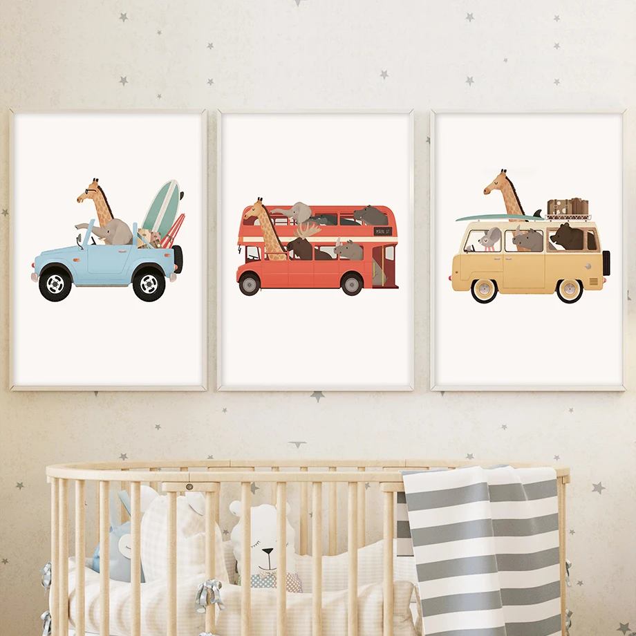 Cartoon Giraffe Elephant Rhino Bus Car Jeep Animals Nursery Art Canvas Posters Prints Painting Wall Pictures For Kids Room Decor