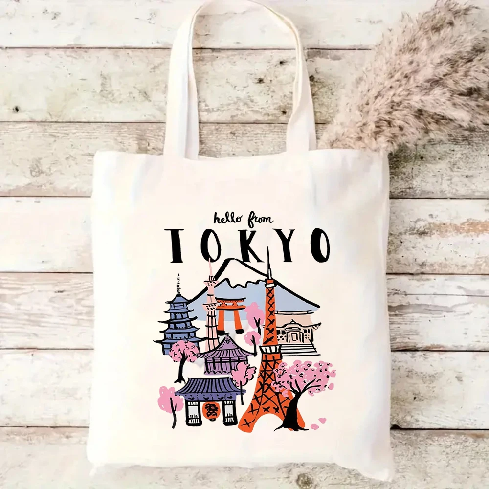 City Landmark Doodle Canvas Tote Bag Paris Tokyo Seoul Print Handbag For Travel Lover Daily Casual Shopping Bag