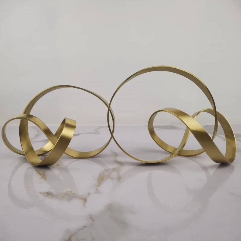 Metal Handicraft Abstract Knot Geometrically Wound Tape Golden Sculpture Metal Decorative Figurines Room Decoration Accessories