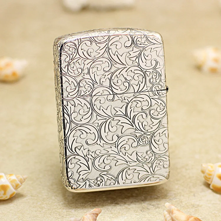 Genuine Zippo Sterling Silver Vine oil lighter copper windproof cigarette Kerosene lighters Gift with anti-counterfeiting code