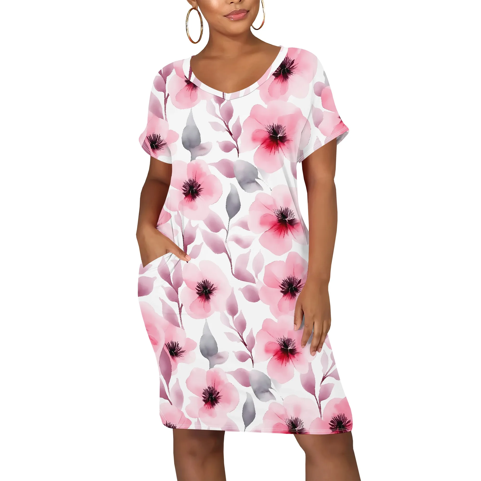 

Short Sleeve T Shirt Dress for Women Loose Casual Style Crewneck Flowy Design with Handy Pockets