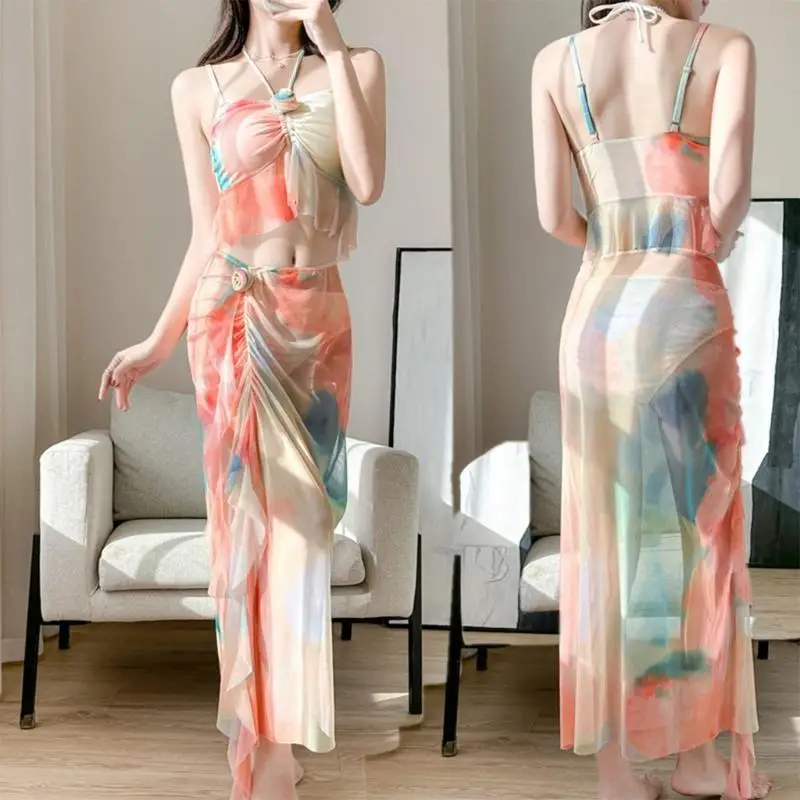 

Push Up Bathing Suit for Women 3 Pcs Split Swimsuit Flower Print Swimwear