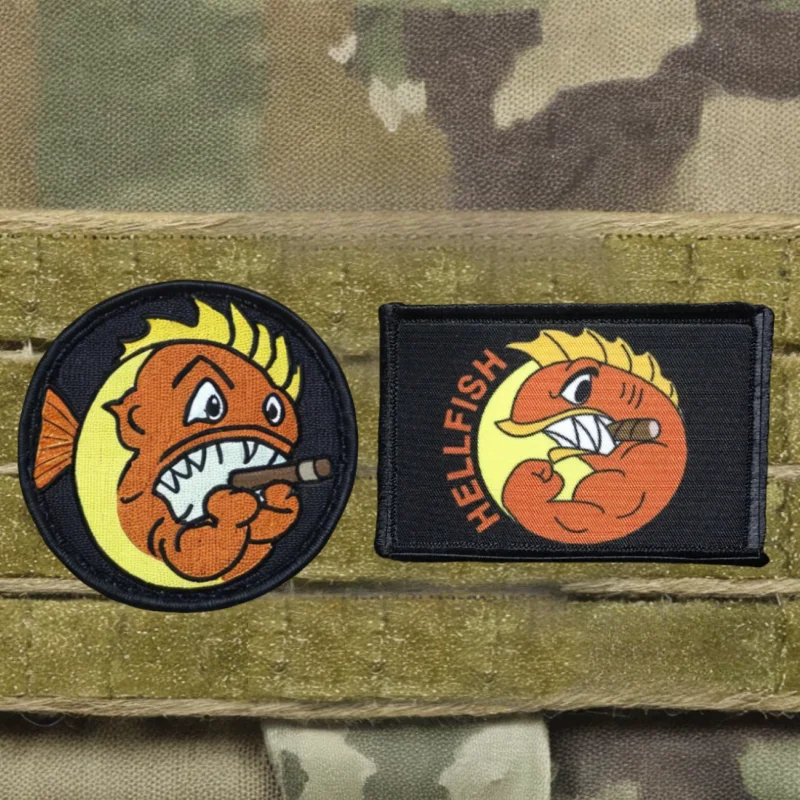 Fighting Hellfish Tactical Patch Embroidery Hook&Loop Emblem Funny Tactical Fish Morale Badge Military Flag Backpack Stickers