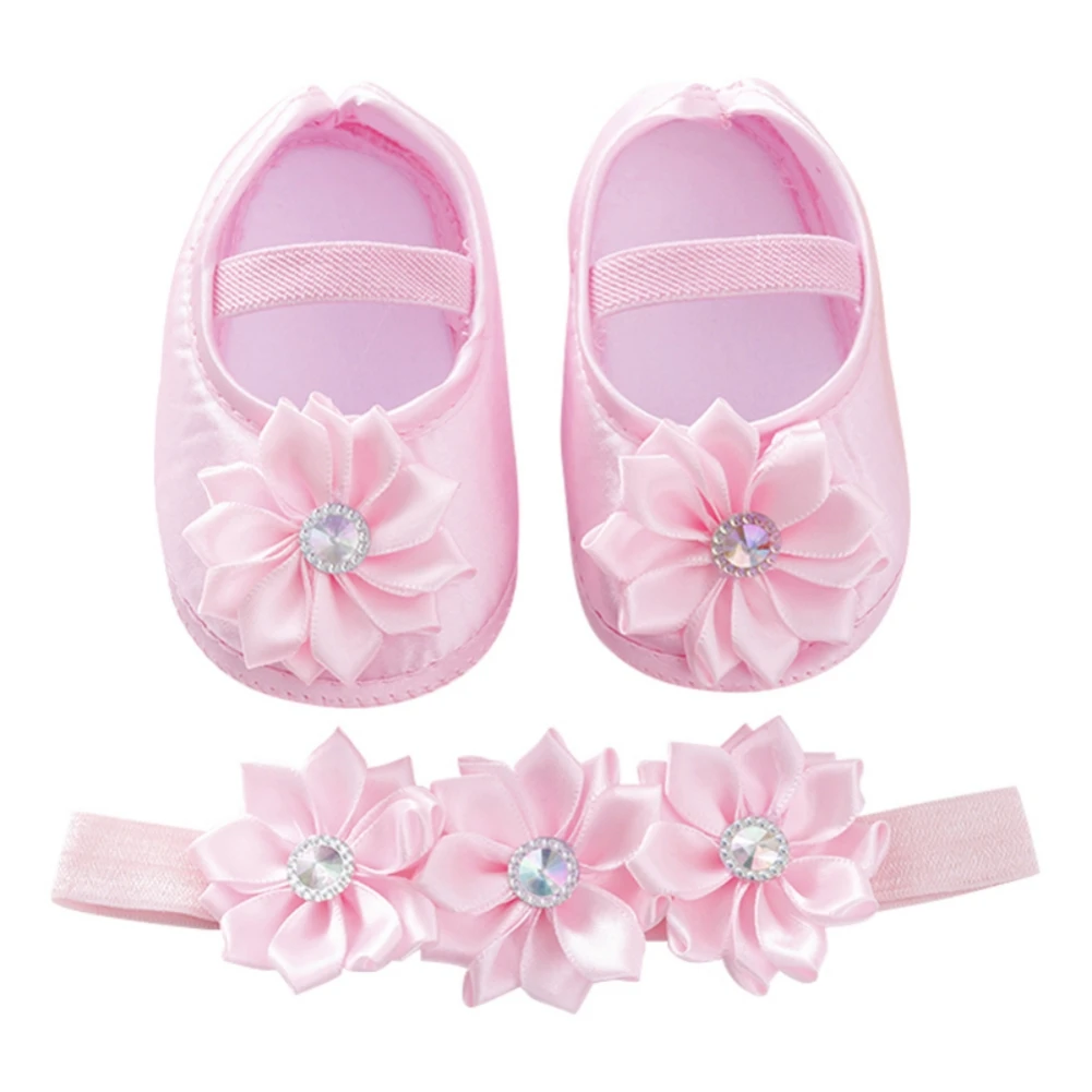 Newborn Baby Girls Flats Shoes with Headband Lovely Princess Shoes Toddler Infant Flower Pearl Cotton Shoes 0-12M