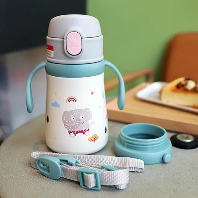 Cute 360ml kids love 316 stainless steel thermos  double use kindergarten portable vacuum flask with straw/handle/rope