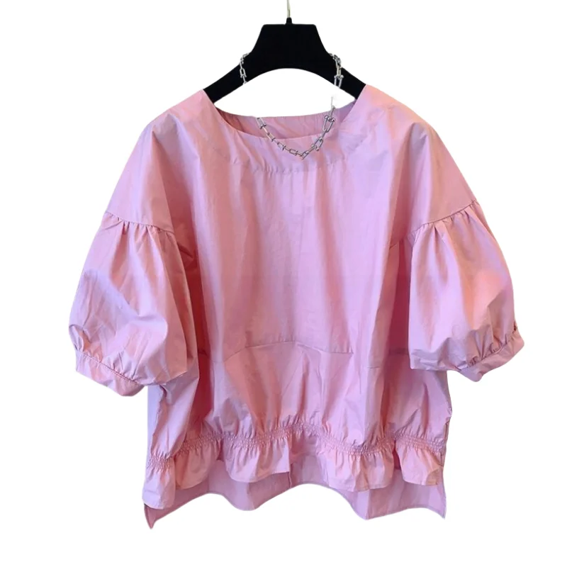 Summer New Loose Women\'s Blouse Korean Casual Shirt Women 2024 O-Neck Short Sleeve Ruffled Top Female Clothing