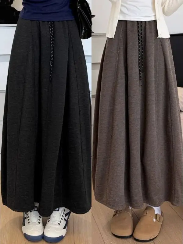 

Очень большая вязаная юбка из трикотажа для женщин, осенняя, больших размеров, А-силуэт, макси, повседневная, с высокой талией