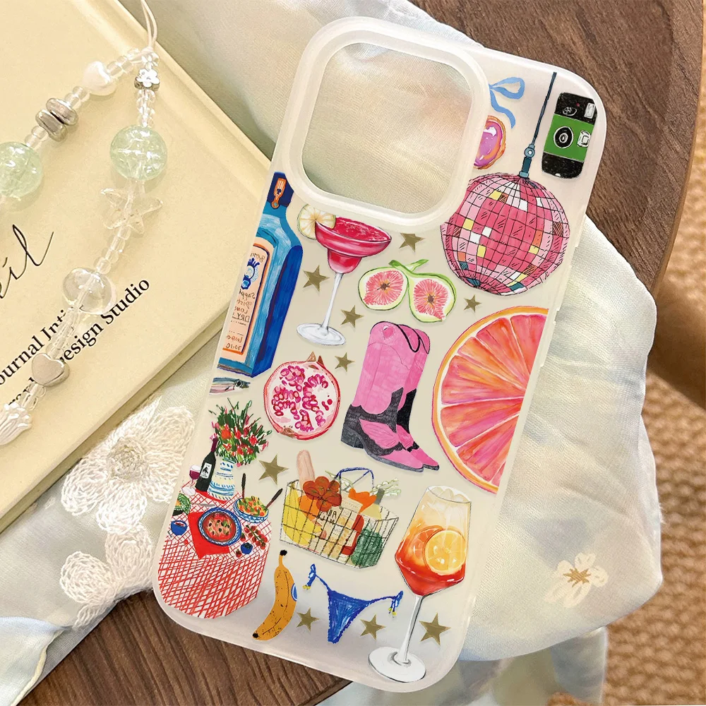 Summer Beach Fruit Wine Transparent Frosted Shockproof phone Case For iPhone 17 16E 16 15 14 Plus 13 12 11 Air Plus Pro X XR Max