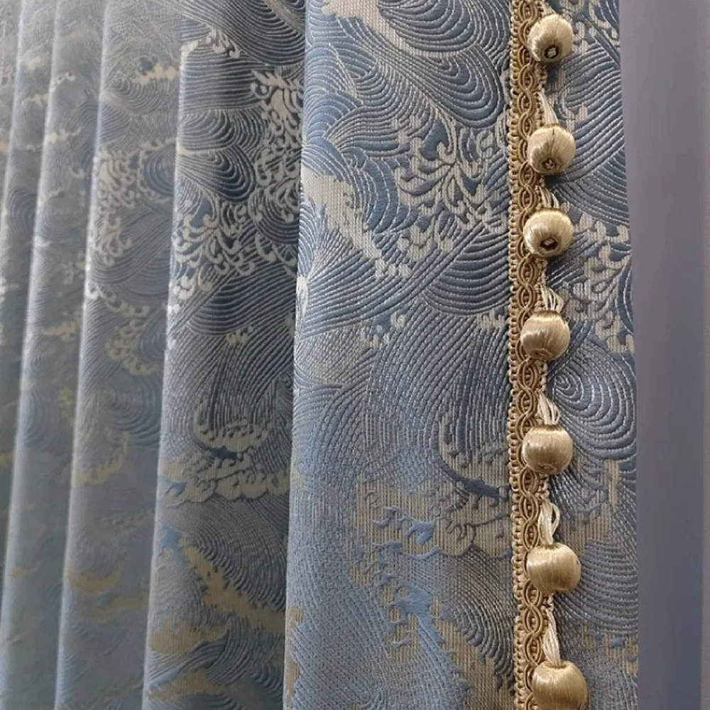 New Chinese Auspicious Clouds Ocean Tide Pattern Blue Gold Silk Jacquard Curtains for Living Room Bedroom French Window Villa