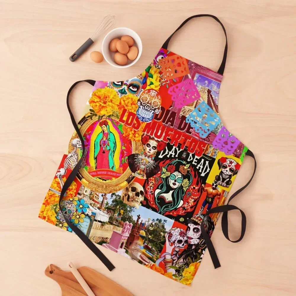 Day of the Dead Collage Halloween Dia De Los Muertos Apron Dress Waterproof Kitchen Woman Kitchen Women Salon Apron