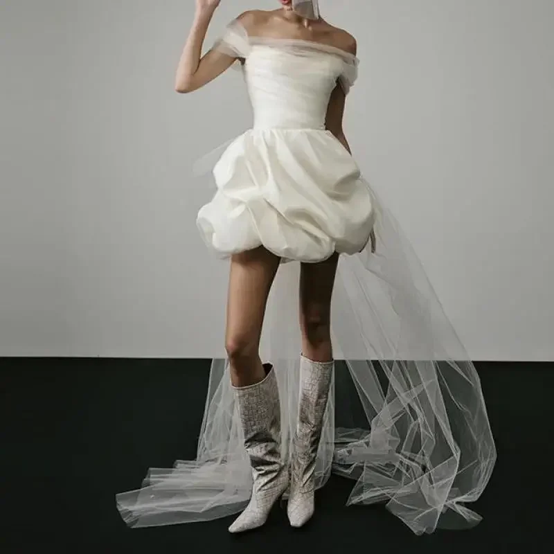 with Mesh Trailing Bridal Luxury Party Vestidos New Elegant Lightweight Wedding Dresses for Women White Sexy Bridal Mini Dress
