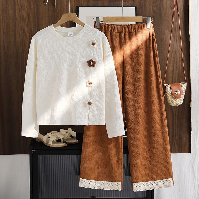

Kids Clothing Autumn New 2PCS Solid Color Beige O-Neck Long Sleeve Floral Top & Solid Color Brown Pants For Girls 8-12 Years