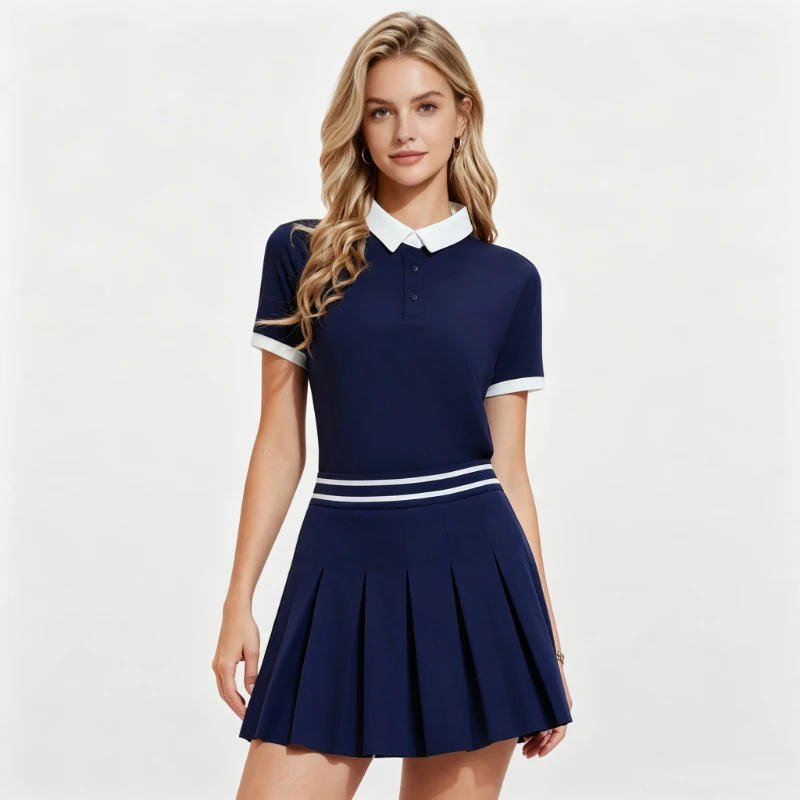 Women Tennis Outfit Set Polo Shirt Breathable Anti-Slip Pleated Skirt Short Sleeve Golf Casual Sport T-Shirt Workout Activewear