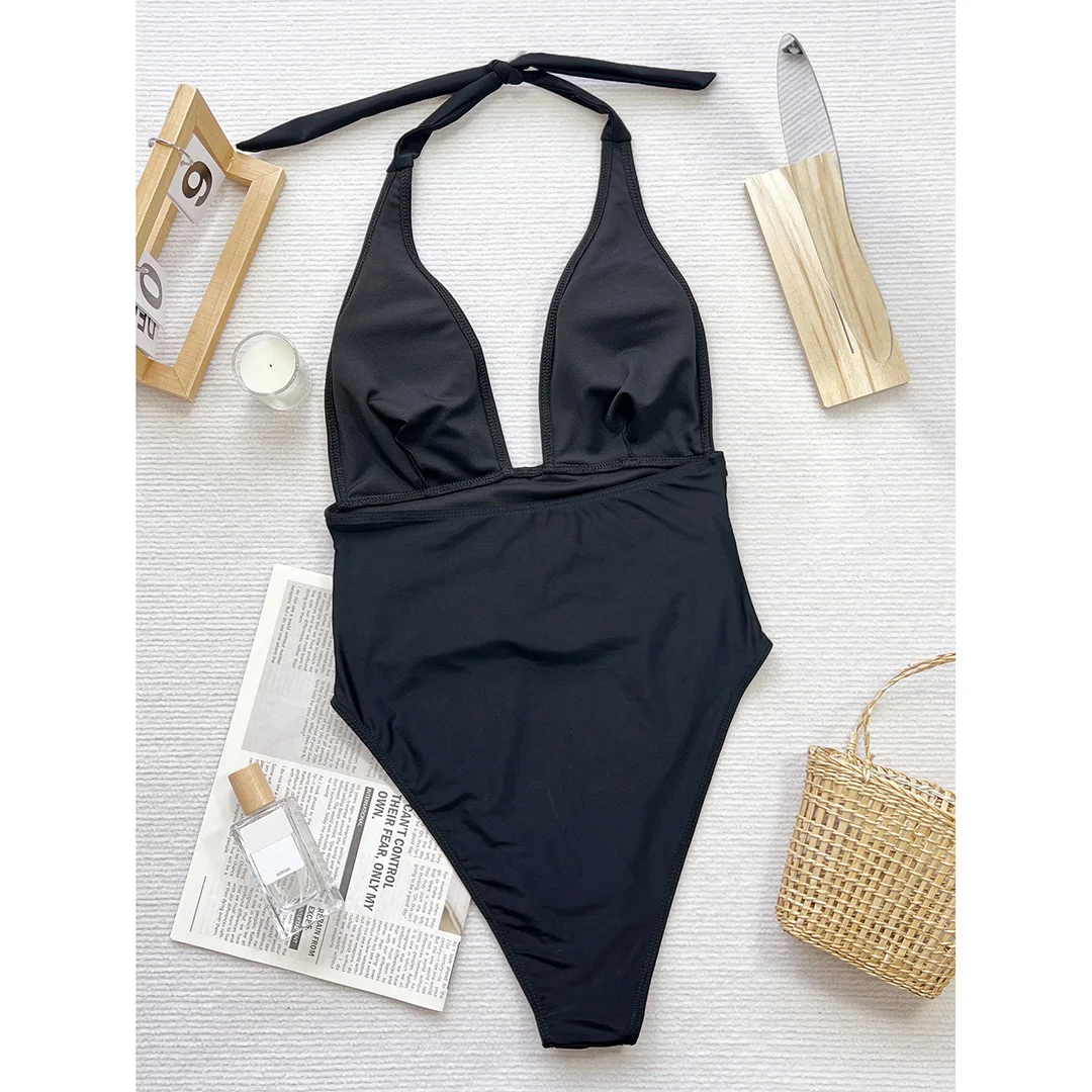 Sexy Badeanzug mit tiefem V-Ausschnitt und Neckholder, geraffter Einteiler, Damen-Bademode, Monokini mit hohem Beinausschnitt, Badeanzug, Badebekleidung, Modell V5538 – Detail 19