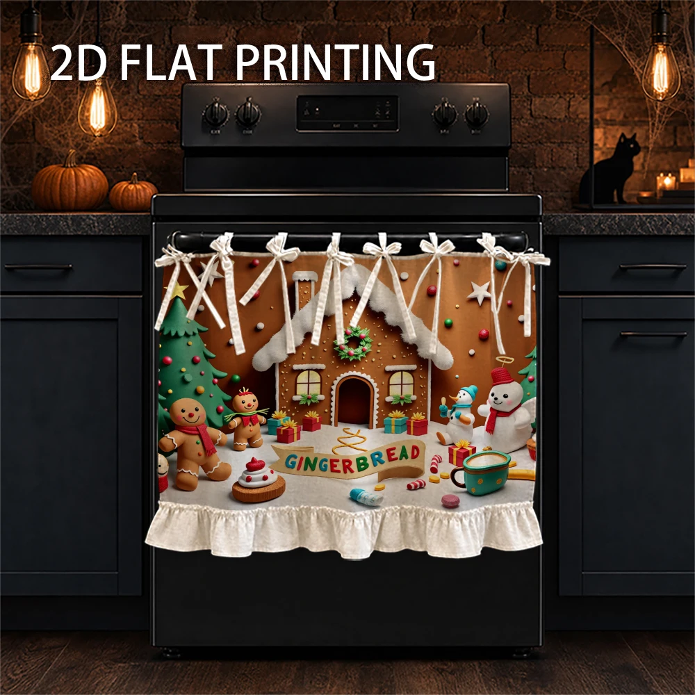 1PC Christmas kitchen stove curtain-cabinet curtain-apron. With gingerbread houses, snowmen and Christmas trees. Can be used as