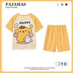 2024 Hello Kitty Sanrio Pompompurin Children Pajamas Kawaii Anime Cinnamoroll My Melody Short Sleeve Girls Heart Summer Kid Gift