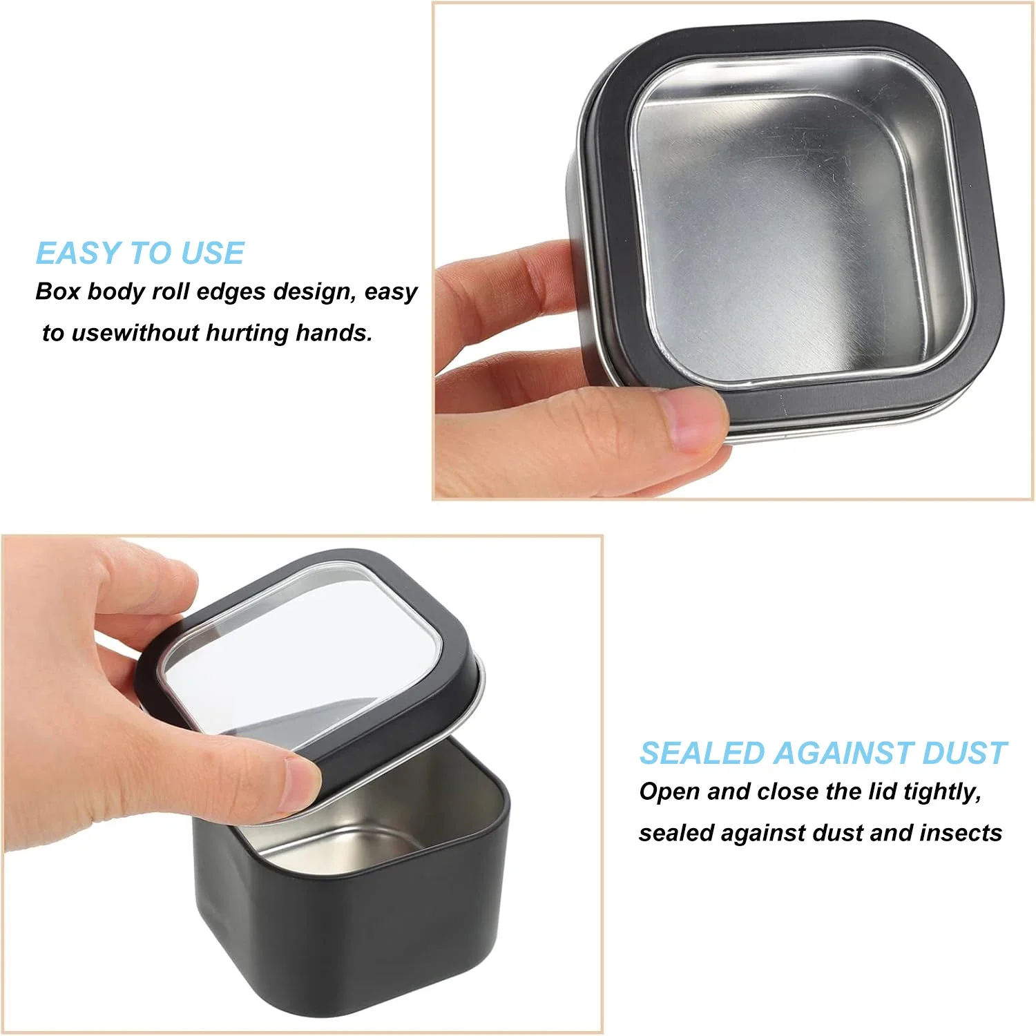 6PCS Empty Square Metal Tins with Clear Window Silver Black Tinplate Can for Candle Making Candies Gifts & Treasures Container