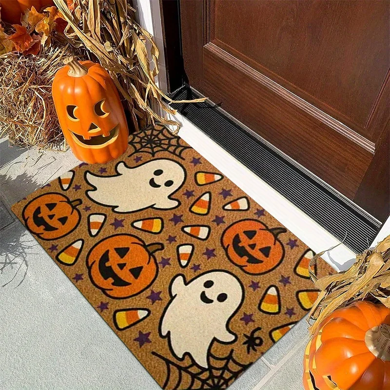 Lovely Halloween Ghost Pumpkin Candy Corn Spider Web Flannel Doormat Anti Slip Absorbent Front Door Mat Home Entrance Decor view 2