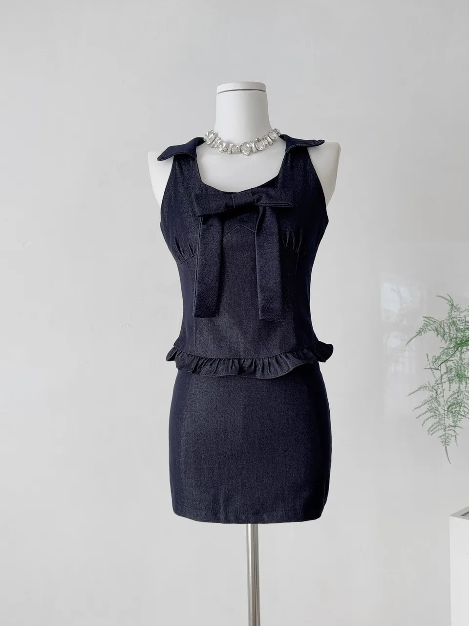 Pure Desire Conjunto f de verão com nó borboleta, gola pendurada, sem mangas, cintura alta, bodycon, meia saia, conjun...