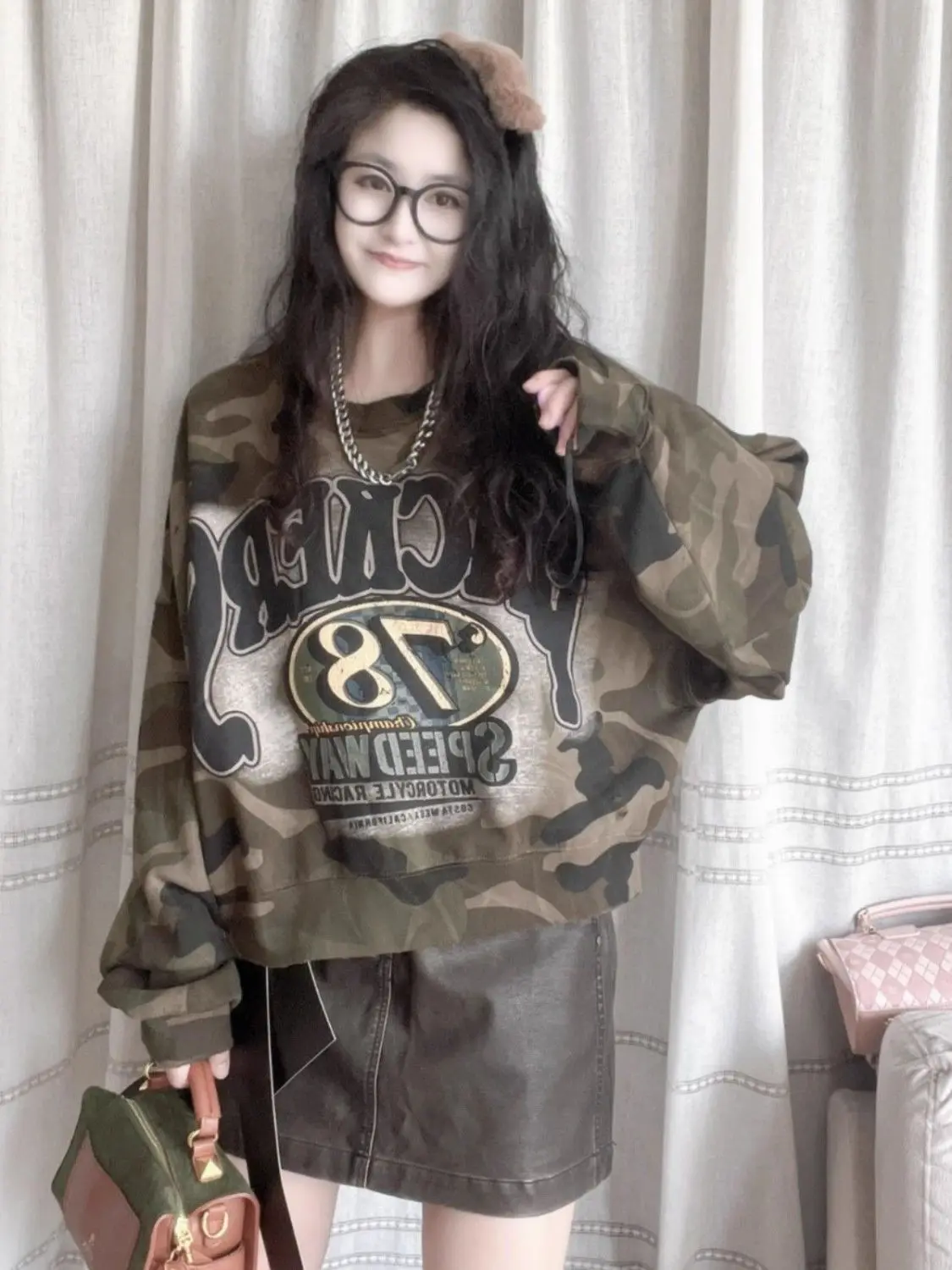 2024 Autumn New Loose Short Large Edition Camouflage Letters Slim Western Style Nostalgic Sweatshirt Harajuku Retro Casual