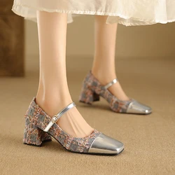 Plus Size Tweed Fabric Patchwork Microfiber Square Toe Buckle Mary Jane Shoes Thick Heels Mixed Colors Elegant High Heels