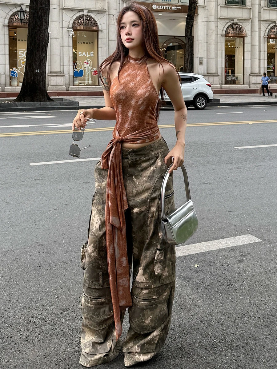 Weird Puss American Street Sle oulder Bared Ne Chaleco colgante Mujer Slim Fit Versátil Picante Chica Top Ropa casual