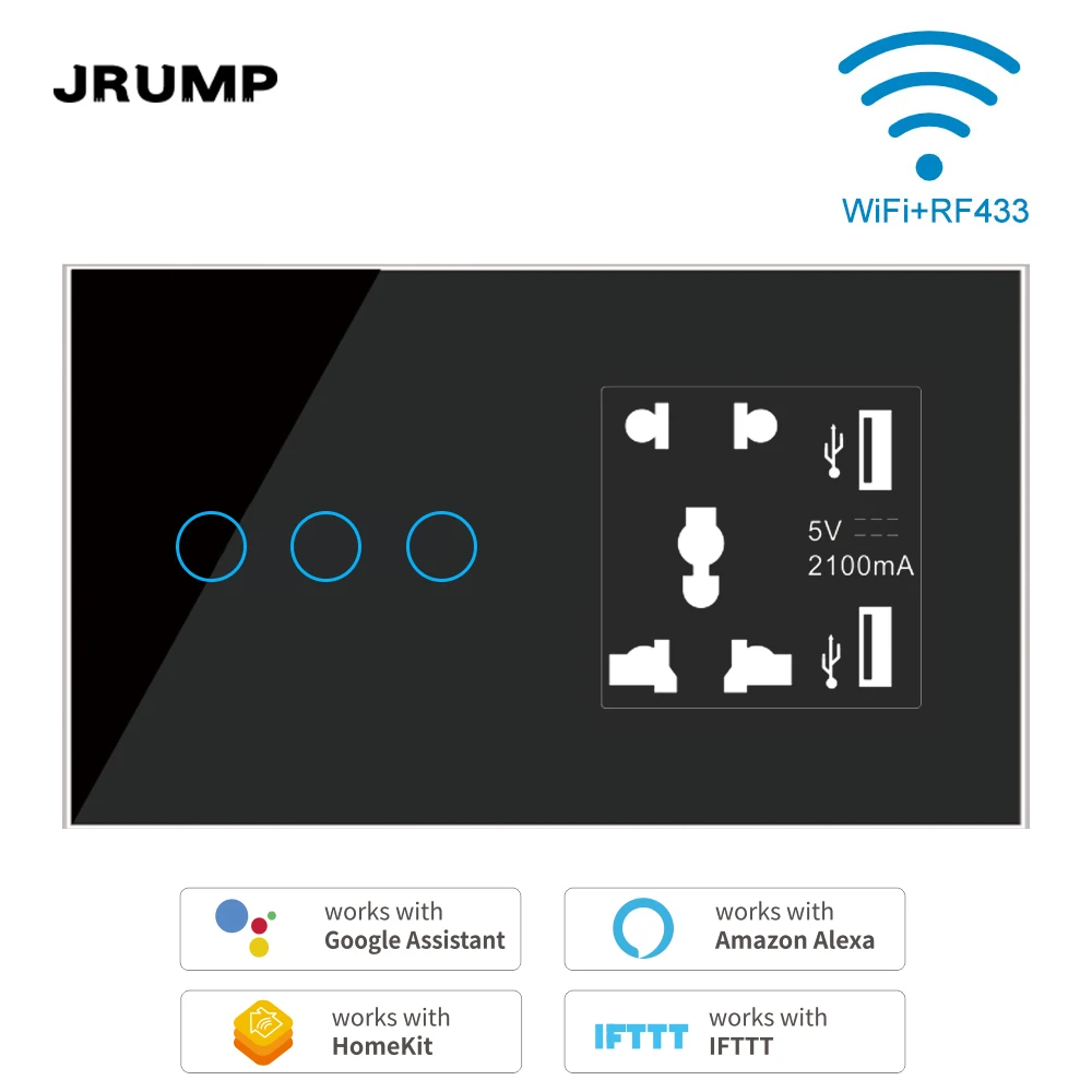 JRUMP WIFI o Zigbee Smart Touch Switch interruttore di controllo vocale con alimentazione intelligente del regno unito e 2 prese USB a 5 fori