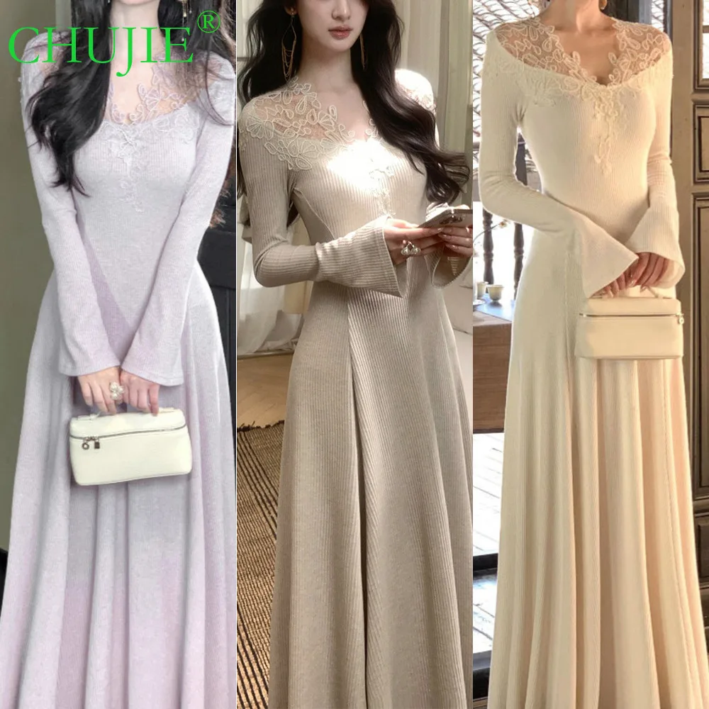 

CHUJIE Весна Осень Зима Новый стиль Высококачественное нежное атмосферное кружевное длинное платье трапециевидной формы с v-образным вырезом и трикотажными рукавами на талии