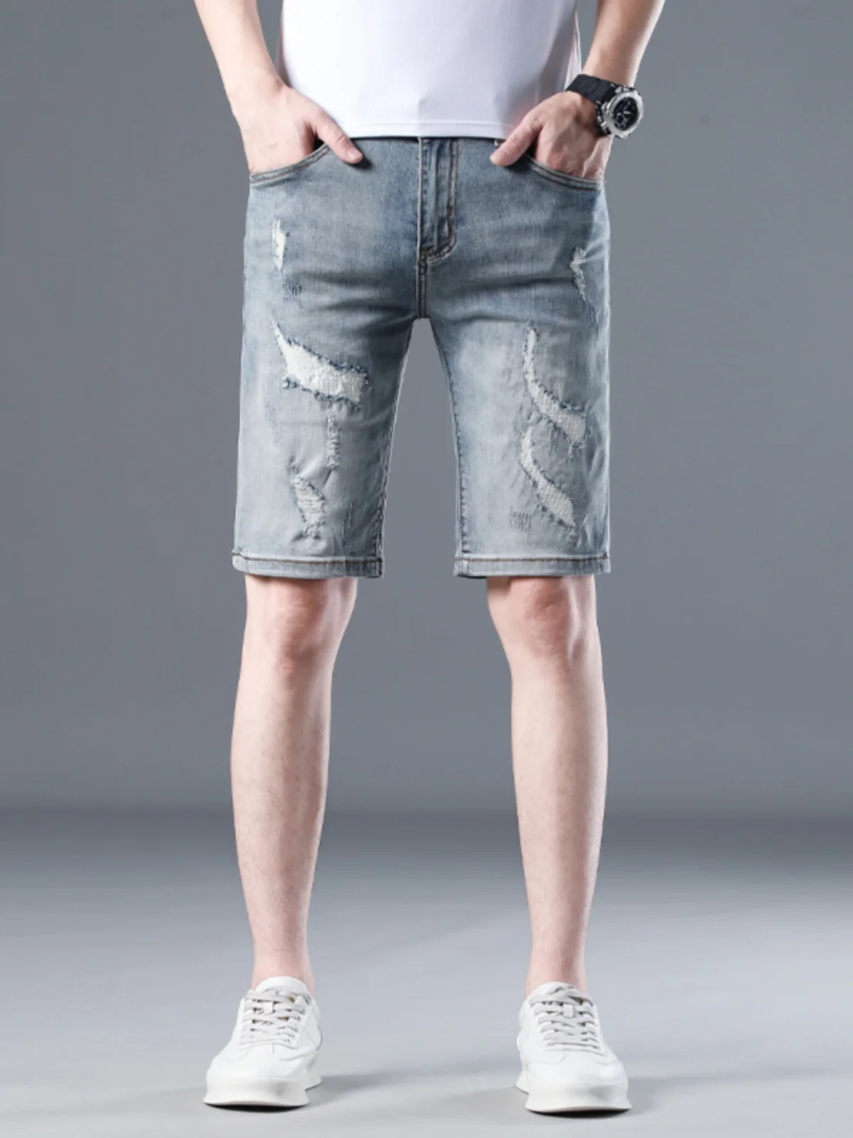 

High-End Hong Kong Men's Denim Shorts Summer Thin Lightweight Repair Patch Five-Quarter Casual Straight Leg Medium Waist