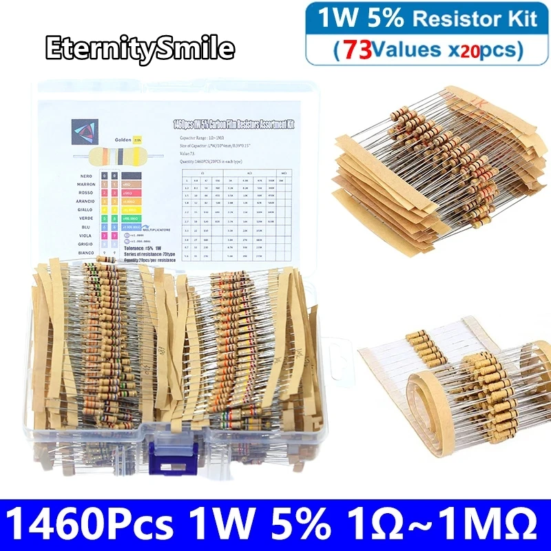 

1460PCS Resistance Assortment Set 1W 5% 73 Values*20PCS 1-1M Ohm High Precision Metal Carbon Film Resistors Assorted Kit