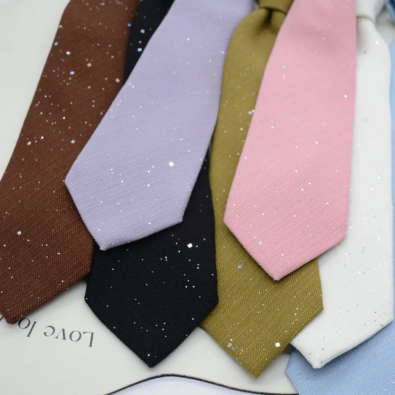 New Shiny Linen Cotton 8CM Width Neckties Solid Sequin Ties For Men Women Casual White Neck Tie Office Daily Neckwear Cravate