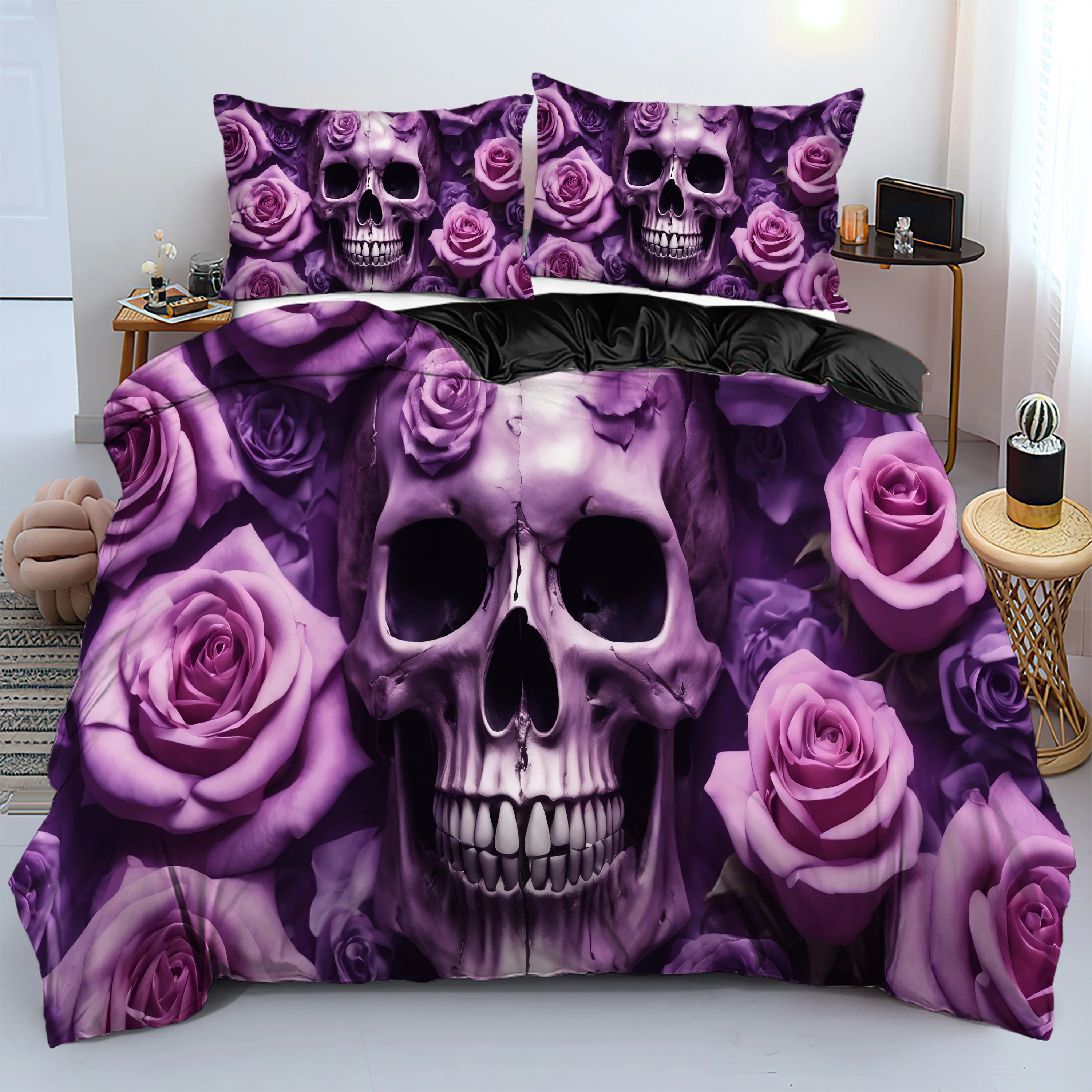 

Фиолетовая роза с рисунком черепа 3D принт пододеяльник модный комплект постельного белья в готическом стиле на Хэллоуин с наволочкой полиэстеровый пододеяльник