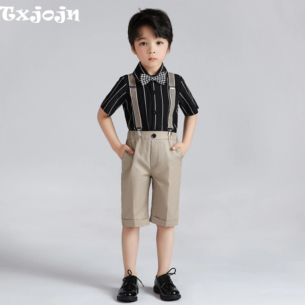 

Fashionable Adjustable Straps Boys Jumpsuit Sets 4 Pieces Stage Performance Wear Slim Fit Kids Overalls Set For Birthday Party