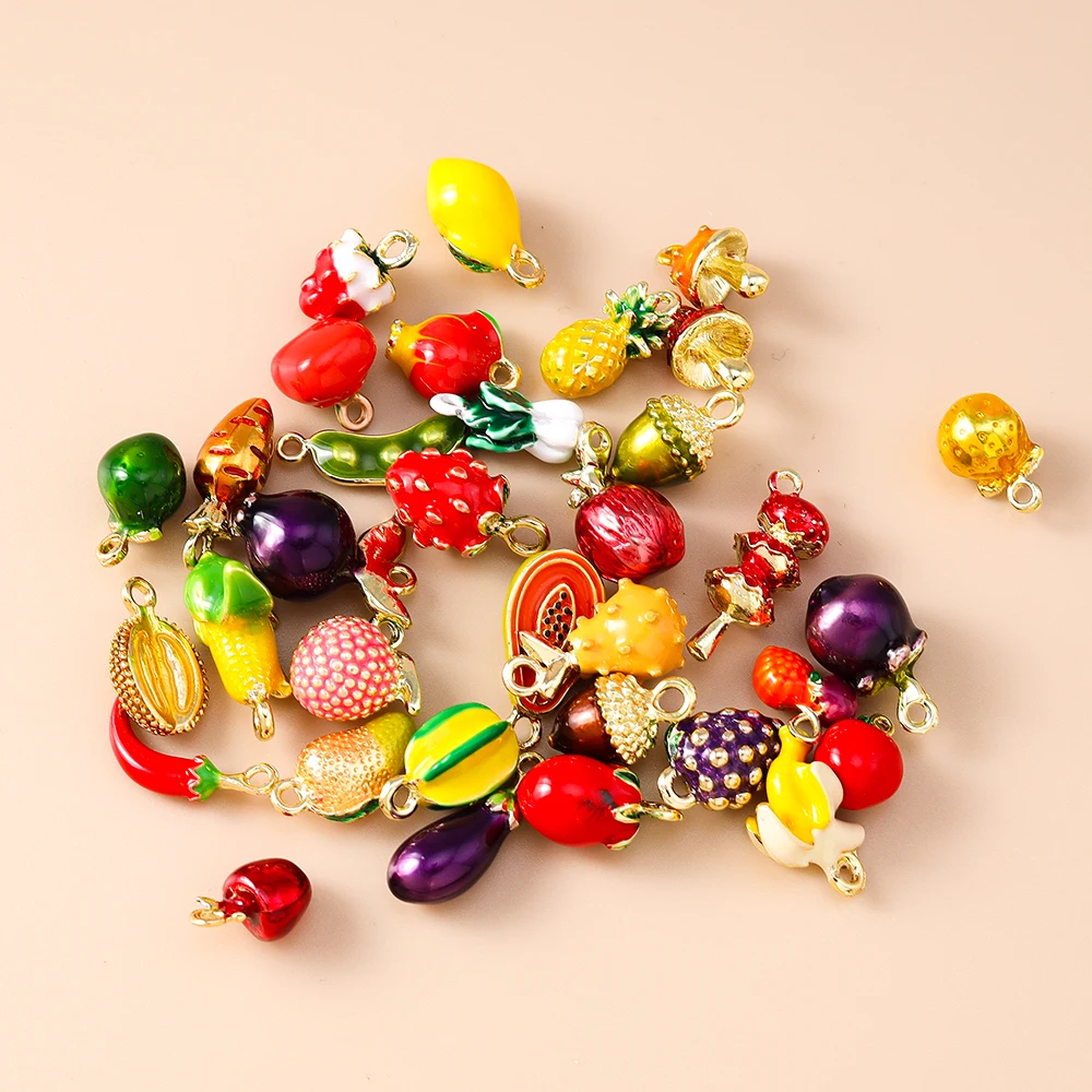 5pcs Cute Mix Fruit Cherry Grape Charms Enamel Vegetable Corn Charms Pendants for Jewelry Making DIY Necklaces Earrings Supplies
