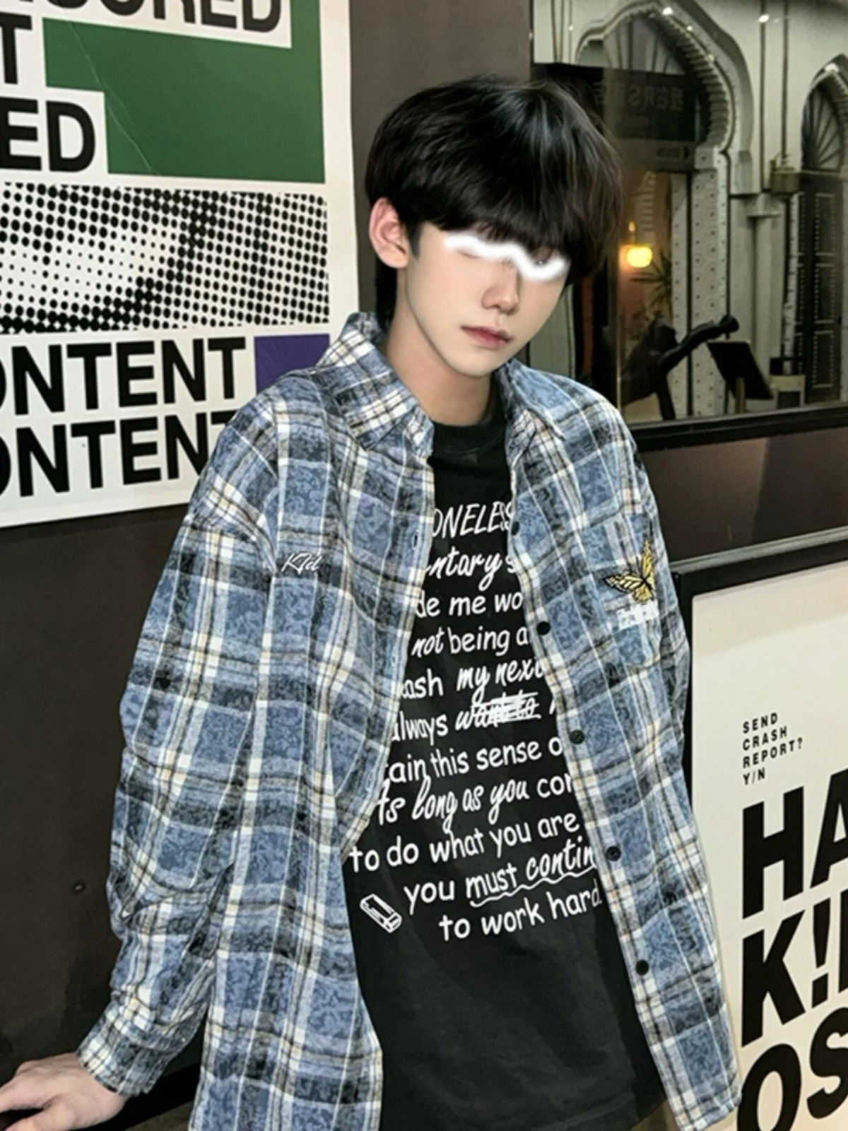 

Blue Embroidered Plaid Long Sve Men's irt Autumn Trendy American Brand Dyed Design id irt Jaet