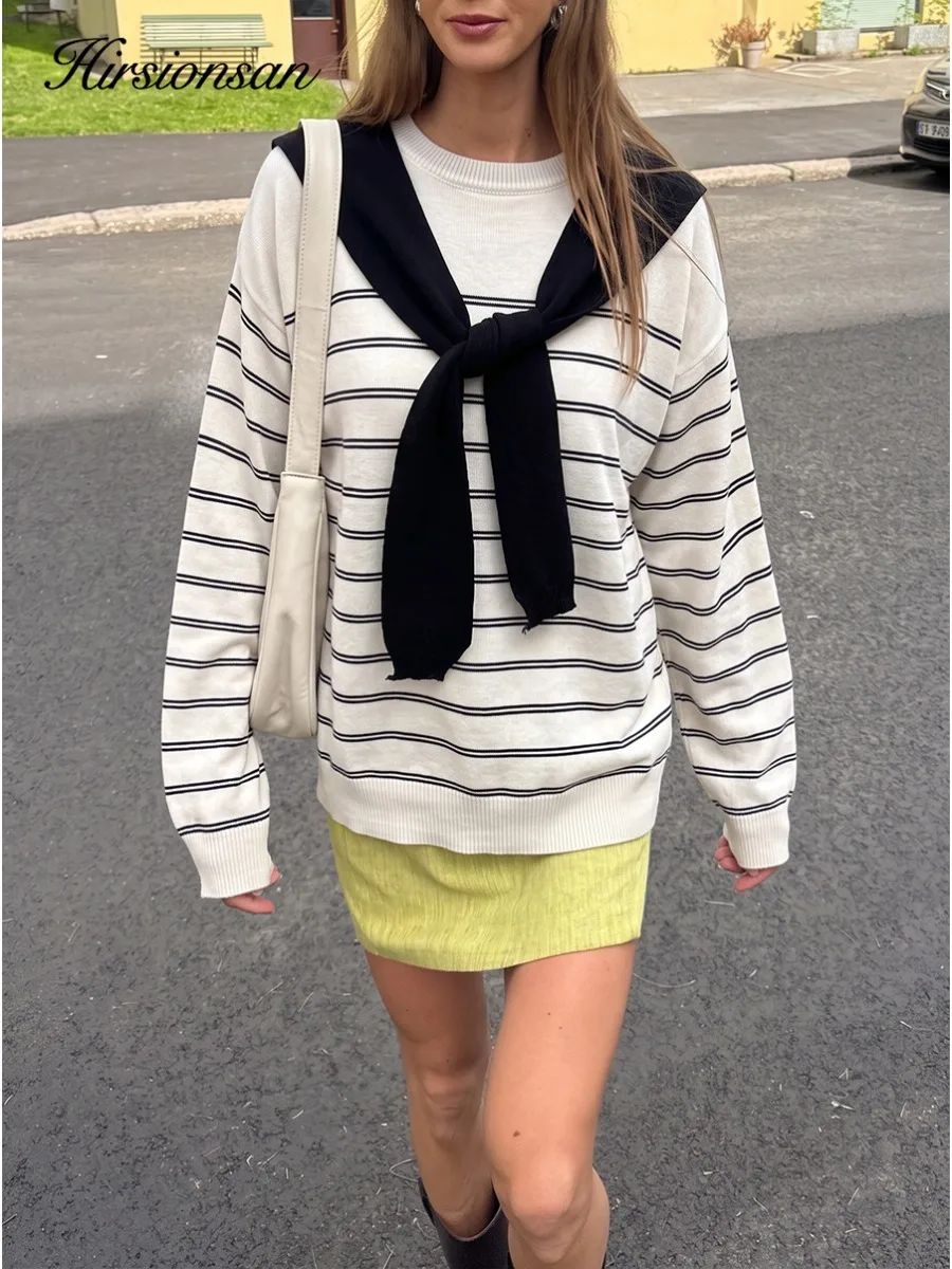 Hirsionsan 2026 Cross Border New Product Detachable Navy Collar Striped Knitted Top Loose Round Collar Long Sleeve Sweater