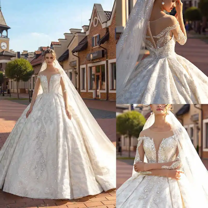 

Fashion Crystal Beading Ball Gown Wedding Dresses Customized Elegant Long Sleeve Bridal Gowns Glitter Lace Robe De Mariée