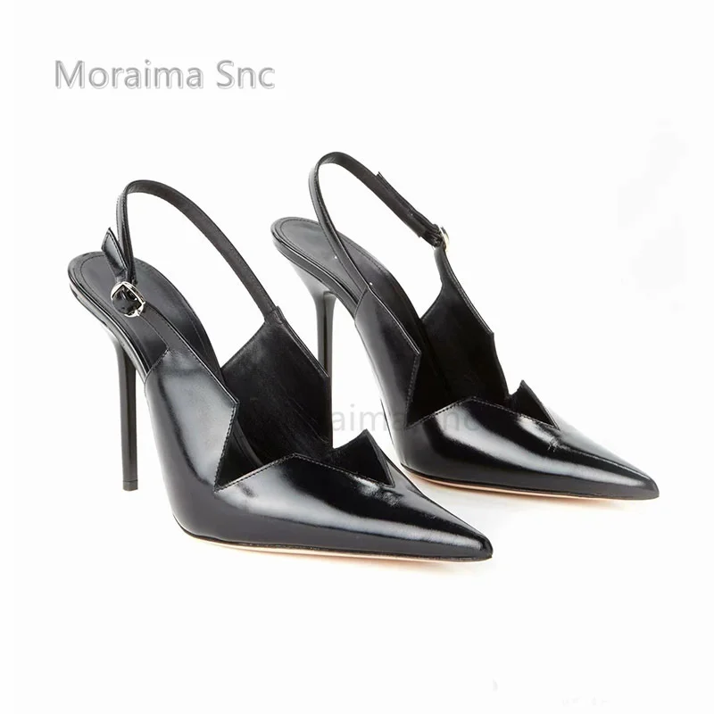 

V-Shape Pointed Toe High Heels Leather Sandals for Women Back Empty Buckle Strap Black White Office Lady Summer Stiletto Shoes