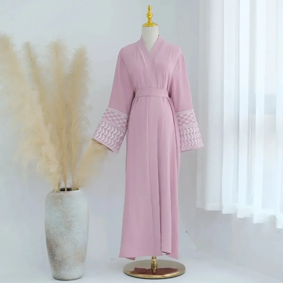 Abaya dubai roupas para mulheres muçulmanas verão outono muçulmano manga longa com decote em v bordado aberto abaya kaftan quimono vestido casaco