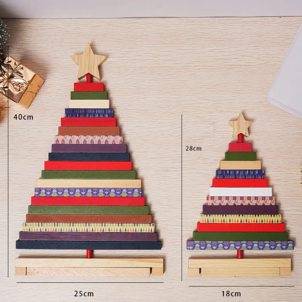 Wooden Christmas Tree Figurine Rotatable 3D Christmas Tree Tabletop Ornament Rustic Style Space-saving Christmas Tree Block Gift
