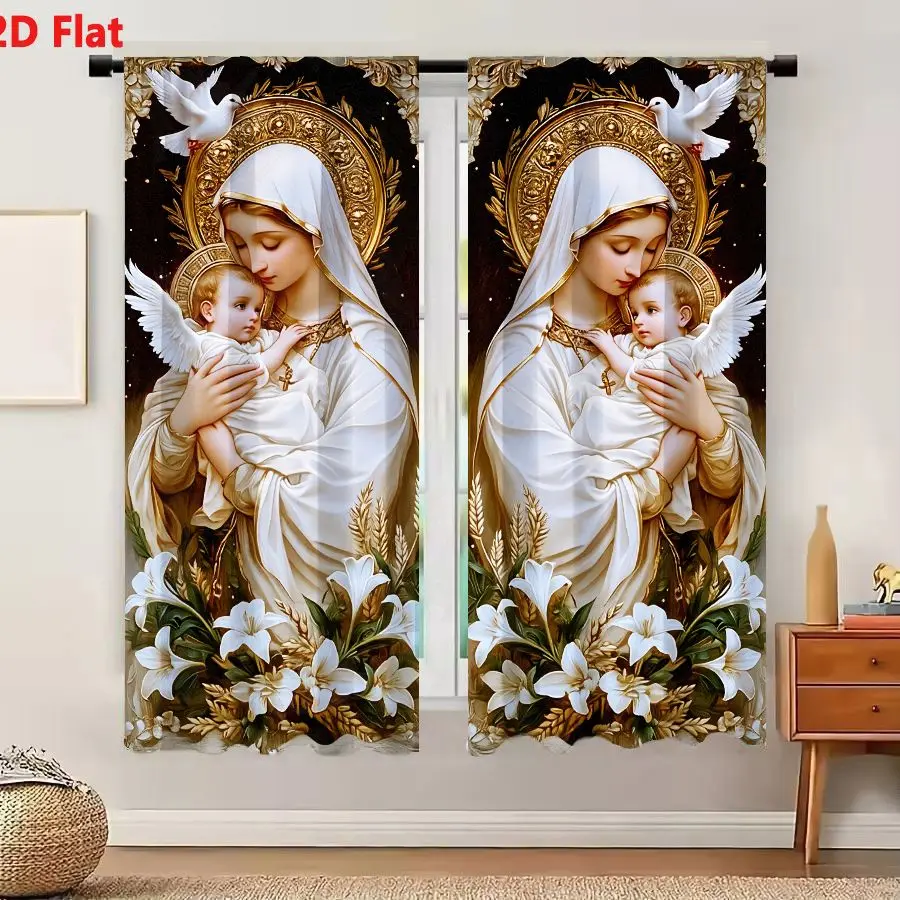 2Pcs Curtains 2D Flat Mirrored Virgin Mary Holding Infant Jesus With White Dove And Lilies In Gold Frame Window Drapes for Bedro