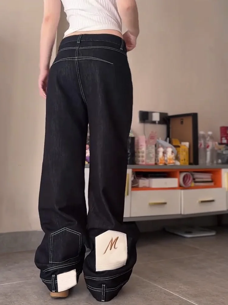 Retro American Design Washed out Reversed Tailored Women's Jeans Straight Leg Floor-Length Pants Distressed Natural Waist